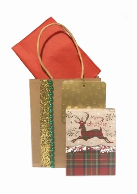 Punch Studio 61591 Gold  Foil Gem Embellished Merry Christmas Plaid  Deer Note - Image 1 of 4