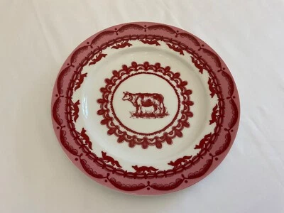 Anthropologie Dinner Plate Cow Fox Japan Red pink bird back stamp RARE farmhouse - Image 1 of 4