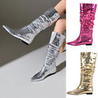 Onlymaker Women's Knee High Boots Ladies Metallic Stone-print Ruffled Flat Boots