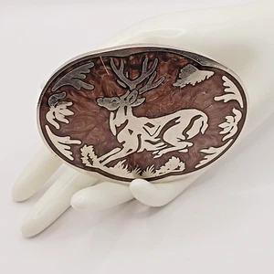 Deer Jumping Silver Toned Overlay Belt Buckle with Brown Pearlescent Enamel - Picture 1 of 22