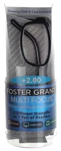 Foster Grant Readers +2.00 James Case 53-17-140 Black Cloth Multi Focus Computer - Picture 1 of 5
