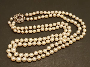 1963 Hallmarked 9ct Gold Garnet Clasp Cultured 63g Pearl Double Strand Necklace - Picture 1 of 14