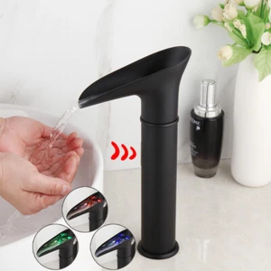 11" LED Black Touchless Bathroom Sink Mixer Sensor Faucet Waterfall Infrared Tap - Picture 1 of 11