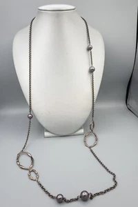 Alexis Bittar Rhinestone Link Chain Faux Pearl Necklace Black ~42" Long - Picture 1 of 7