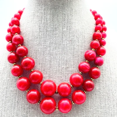 Collar Vintage Rojo Cuentas Doble Hilo Cuentas Graduadas Ajustable Retro Foto 1 de 4