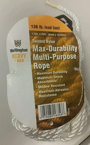 Wellington Multi-Use Rope 1/4 X 50 Ft Heavy Load Twisted Nylon Max-Durability - Picture 1 of 4