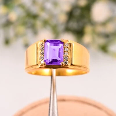 Anillo Facetado Brasil Amatista AAA Regalo Oro Natural Para Hombre Oro Amarillo Sólido 14K. Foto 1 de 3