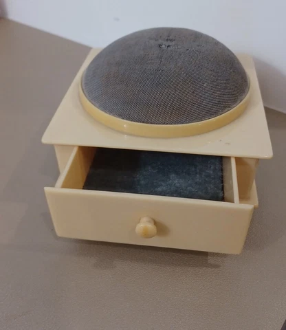 Vintage Celluloid Hat Pin Cushion Square Sewing Box Footed with Lined Drawer Cover