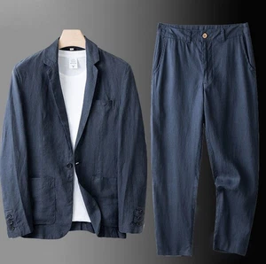 2 Pc Set Summer Men One Button Suit Cotton Linen Causal Blazer Pants Coat Jacket - Picture 1 of 18