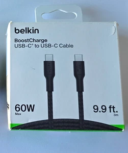 NEW Black Belkin BoostCharge Braided USB-C to C 60W Cable 9.9ft/3M in Retail Pkg - Picture 1 of 11