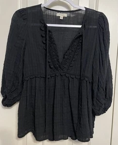 Max Studio Women’s Black 3/4 Sleeve Boho Blouse - V Neck-Embroidery Size Small - Picture 1 of 14