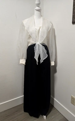 80s/90s J.R. NITES BY CALIENDO WHITE CHIFFON & BLACK CREPE PALAZZO LEG JUMPSUIT - Image 1 of 4