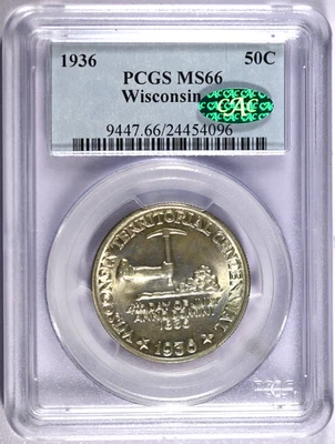1936 PCGS MS66 Wisconsin Classic Silver Commemorative Half with Green CAC Label - Image 1 of 2