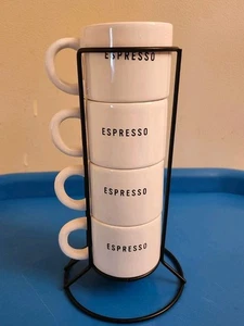 Stackable Espresso Cups Set of 4 With Stand Mug White - Picture 1 of 9