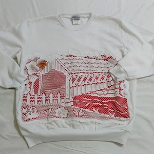 Vintage Covered Bridge Sweatshirt Granny Style Fall Lace Handmade Shirt Small - Picture 1 of 10