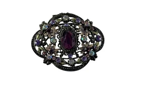 Vintage Victorian Style Purple Rhinestone Filigree Floral Brooch Pin - Picture 1 of 9