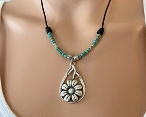 Teardrop Flower Leather Necklace With Turquoise Picasso Seed Beads - Picture 1 of 1