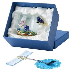 Glastasse Kaffeetasse Teetasse Geschenktasse mit Löffel Blau Rose & Schmetterling Design, - Bild 1 von 8