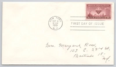 First Day Cover Scott's #1002 3¢  American Chemical Society Sep 1951 New York NY - Image 1 of 2