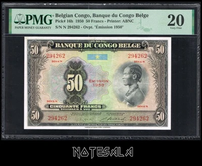 BELGIAN CONGO 50 FRANCS 1950 Pick-16h PMG 20 VF S/N N 294262 **SCARCE** - Image 1 of 2