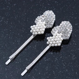 2 Bridal/ Prom Simulated Pearl Crystal 'Double Heart' Hair Grips/ Slides In - Picture 1 of 4