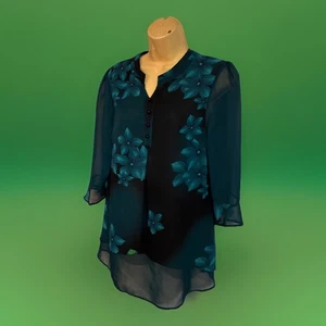 Blaues geblümtes Top Gr. M transparentes Futter 3/4 Rüschenärmel Markenlos Party elegant - Bild 1 von 11