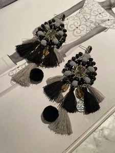 Latoir Fashion Boho Black Grey Pom Pom Tassel Fringe Beaded Statement Earrings - Picture 1 of 3