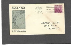 #837 3c DELAWARE TERCENTENARY FDC-WILMINGTON, DE 27 DE JUNIO-1938 LINPRINT CACHÉT - Imagen 1 de 1