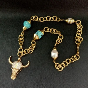 24'' Blue Turquoise White keshi Pearl Gold Plated Chain Necklace CZ Cow Pendant - Picture 1 of 6