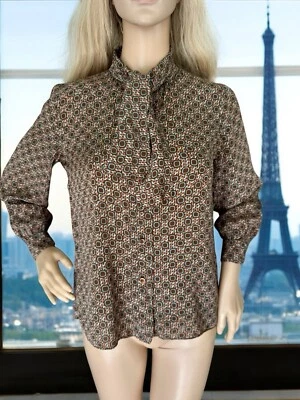 Auténtica Blusa Camisa CHANEL Vintage SEDA LAZO Coño Botón S Marrón Azul Cuadrados Foto 1 de 4