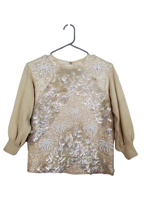 VTG Gia Ninno for Joyce Womens Sweater 12 Beaded Sequins Zip Back Beige 1960s - Image 1 of 4
