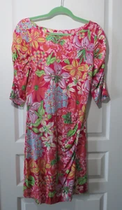 Lilly Pulitzer Silk Cotton Pink Floral 3/4 Sleeve Knee Length Pencil Dress Sz L - Picture 1 of 18