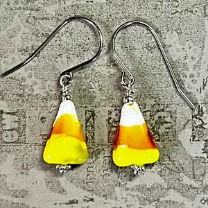 Silver Tone French Hook Dangle Glass Candy Corn Earrings. Halloween. Candy. S312 - Picture 1 of 2