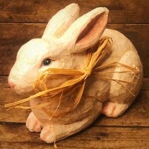 Crackle Finish White Rabbit Figure with Raffia Bow - Picture 1 of 5