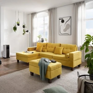Sofa Couch Ecksofa Wohnlandschaft Modern Sofakissen Komfort L-Form Gelb Samt - Bild 1 von 8