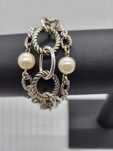 Premier Designs Bracelet Silver Tone Chain White Bead Triple Strand - Picture 1 of 4