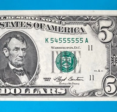 K 54555555 A : BINRY Near Solid 5 's $5 Five Dollar Bill Serial Number *UNC* - Image 1 of 3