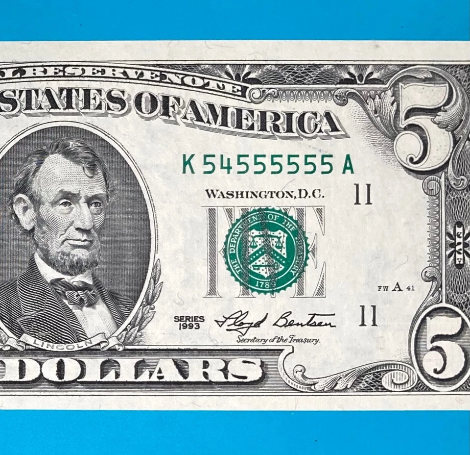 K 54555555 A : BINRY Near Solid 5 's $5 Five Dollar Bill Serial Number *UNC* - Image 1 of 3