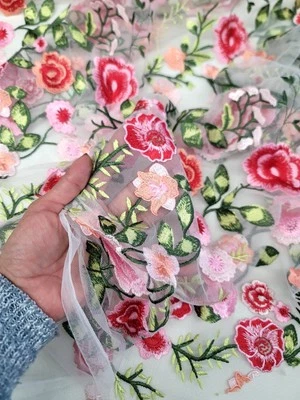 Lace Multicolor Embroidery Red Pink Floral  Fabric By The Yard White Mesh Dress - Image 1 of 4