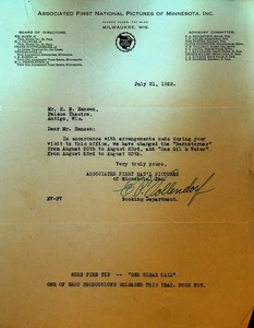 Associated First National Pictures Letterhead July 21 1922 Barnstormer Gas Oil - Picture 1 of 1