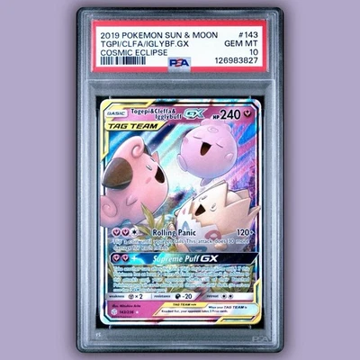 2019 Pokemon Cosmic Eclipse Togepi & Cleffa & Igglybuff GX Card 143/236 PSA 10 - Image 1 of 2
