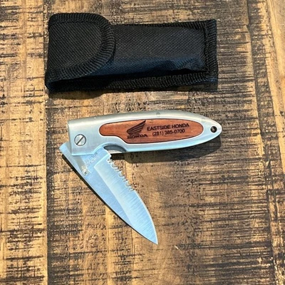 Honda Motorcycles Advertising Serrated Pocket Folding Knife With Wood Inlay - Image 1 of 4