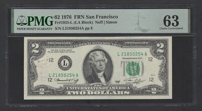 United States 2 Dollars 1976 Fr#1935-L (LA Block) Stamp Cancel 1976 UNC Grade 63 - Image 1 of 2