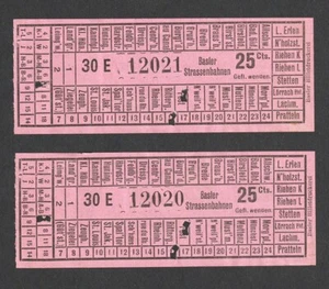 VINTAGE BASLER STRASSENBAHNEN RAILWAY SERVICE 25 cts SWISS TRAIN TICKET PAIR - Foto 1 di 2