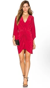 MISA Los Angeles Red Teget Dress Knot Front Bell Sleeves V Neck Draped Ruched S - Picture 1 of 12