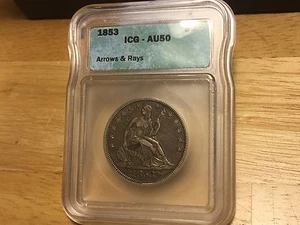 1853 SEATED LIBERTY HALF DOLLAR ICG AU 50 PRE CIVIL WAR!! WAY BELOW WHOLESALE!!! - Picture 1 of 5