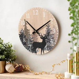Cabin Deer Wall Clock 12 Inch Silent Non Ticking Clock Wooden Forest Wildlife Mo - Picture 1 of 6