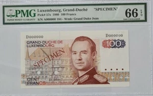 1980 LUXEMBOURG 100 Francs "SPECIMEN" PMG66 EPQ GEM UNC {P-57s} 'No.184' - Picture 1 of 4