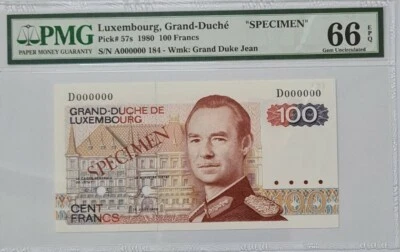 1980 LUXEMBOURG 100 Francs "SPECIMEN" PMG66 EPQ GEM UNC {P-57s} 'No.184' - Image 1 of 4