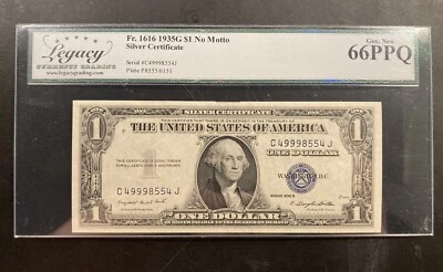 1935G $1 Silver Certificate No Motto - Fr1616 (CJ Block) - Legacy 66 PPQ - Image 1 of 2